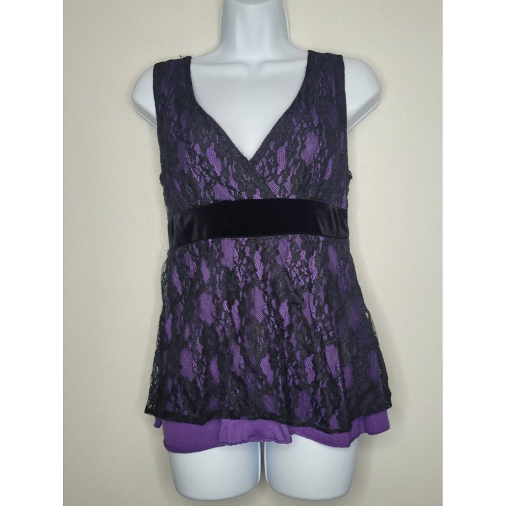 Black purple lace overlay goth grunge emo witchy going out v neck top FLAW